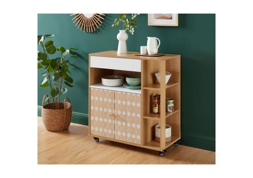 Desserte de cuisine LEIKA effet chêne et motifs blancs 80cm à roulette