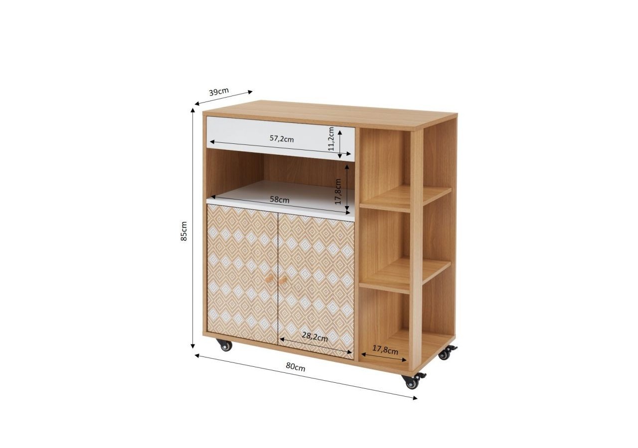 Desserte de cuisine LEIKA effet chêne et motifs blancs 80cm à roulette