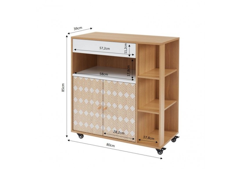 Desserte de cuisine LEIKA effet chêne et motifs blancs 80cm à roulette