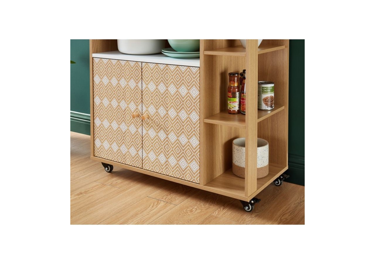 Desserte de cuisine LEIKA effet chêne et motifs blancs 80cm à roulette