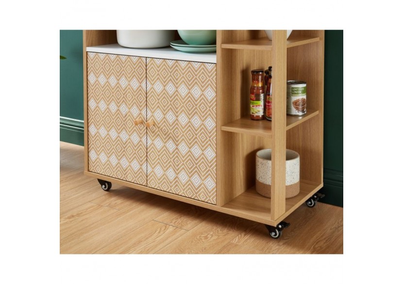 Desserte de cuisine LEIKA effet chêne et motifs blancs 80cm à roulette