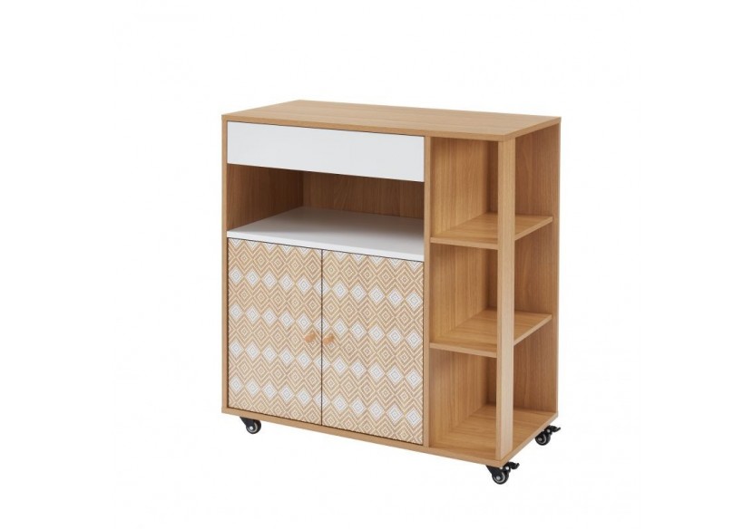 Desserte de cuisine LEIKA effet chêne et motifs blancs 80cm à roulette