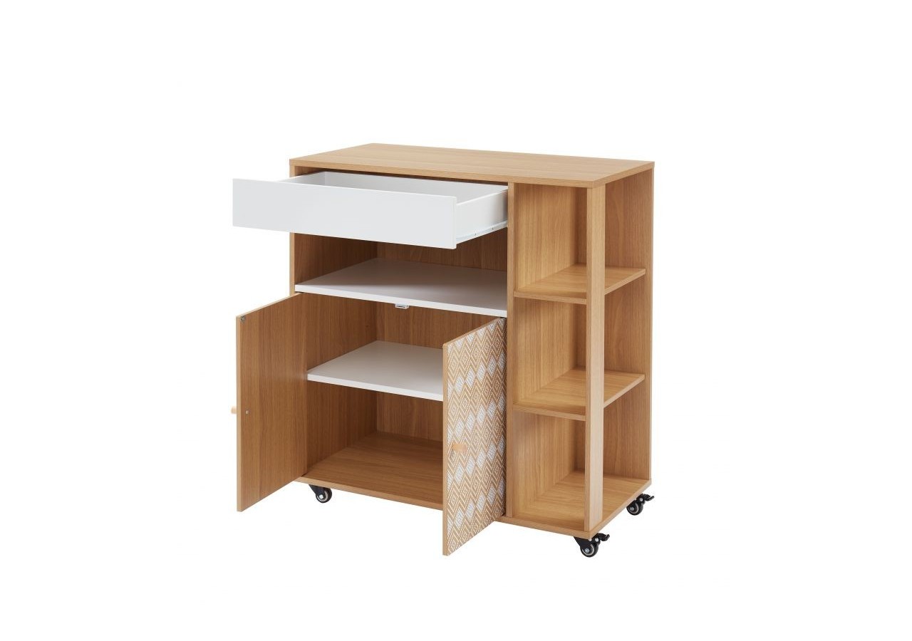 Desserte de cuisine LEIKA effet chêne et motifs blancs 80cm à roulette