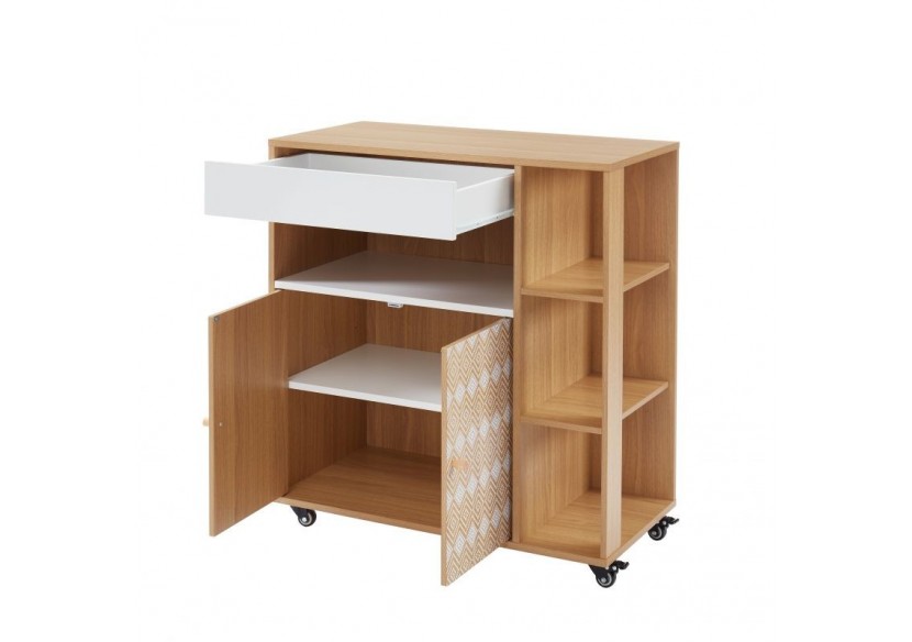 Desserte de cuisine LEIKA effet chêne et motifs blancs 80cm à roulette