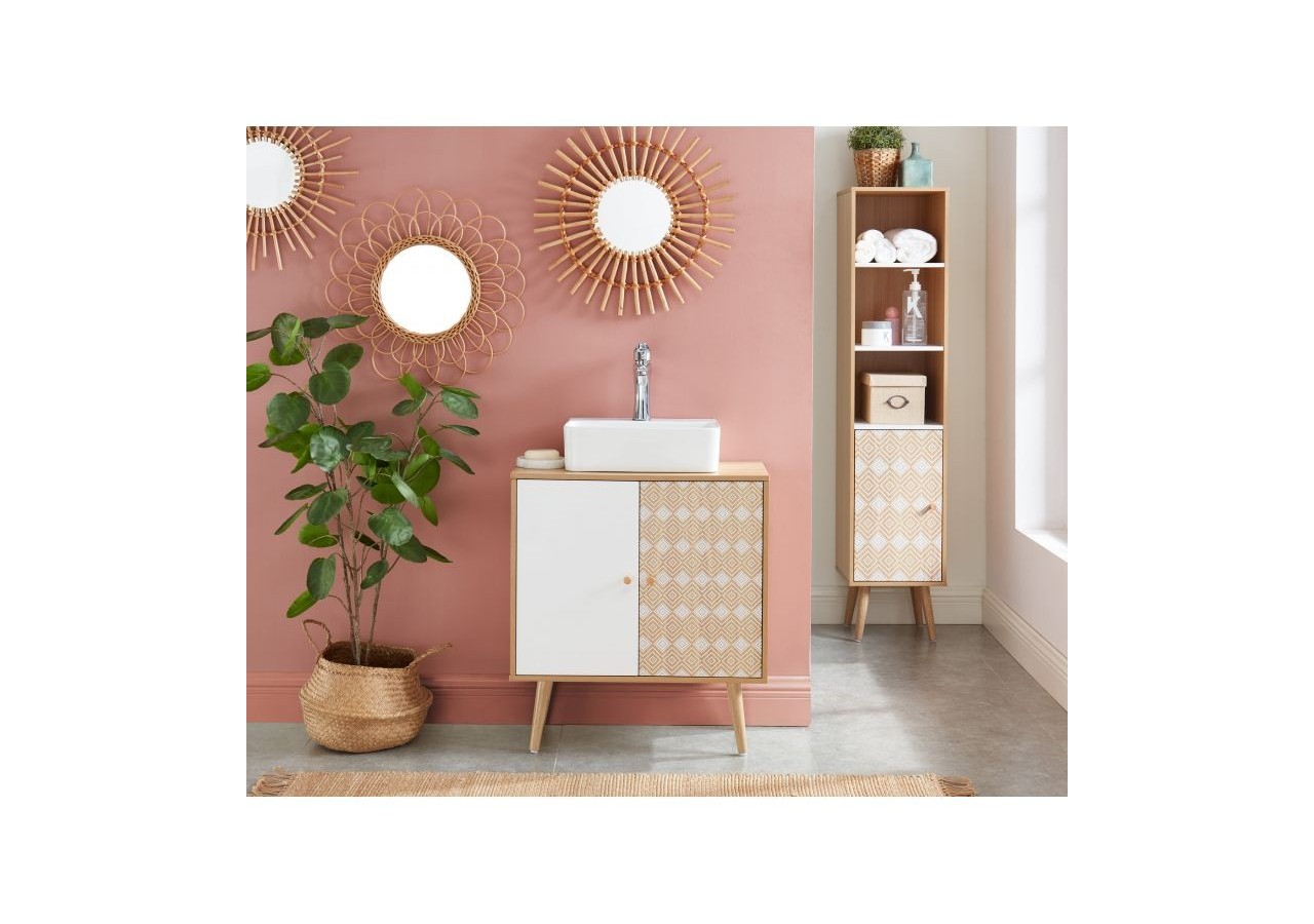 Meuble sous-vasque LEIKA effet chêne et motifs blancs 2 portes 60cm