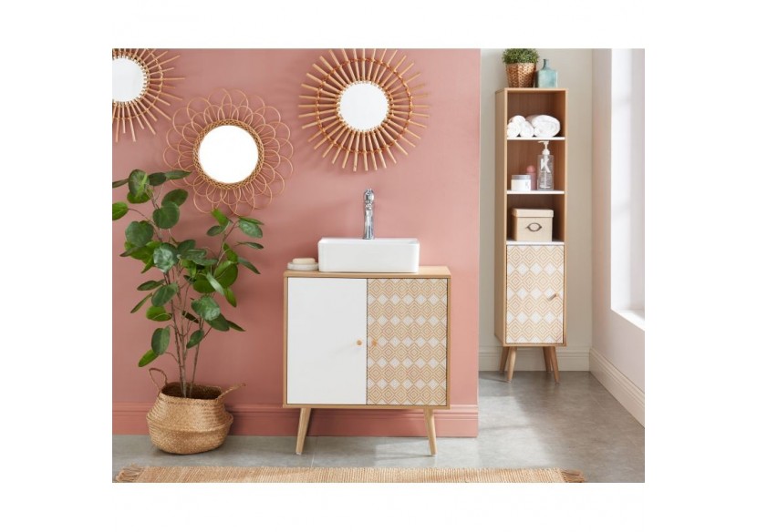 Meuble sous-vasque LEIKA effet chêne et motifs blancs 2 portes 60cm