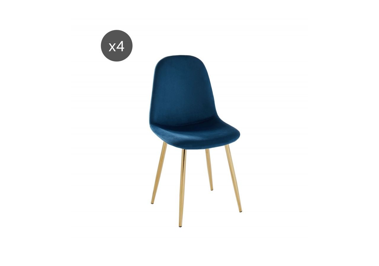 Lot de 4 chaises LENA velours bleu paon pieds métal doré
