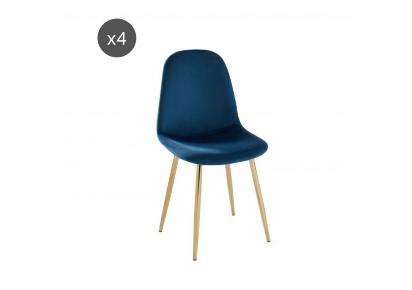Lot de 4 chaises LENA velours bleu paon pieds métal doré