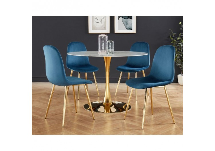 Lot de 4 chaises LENA velours bleu paon pieds métal doré 2