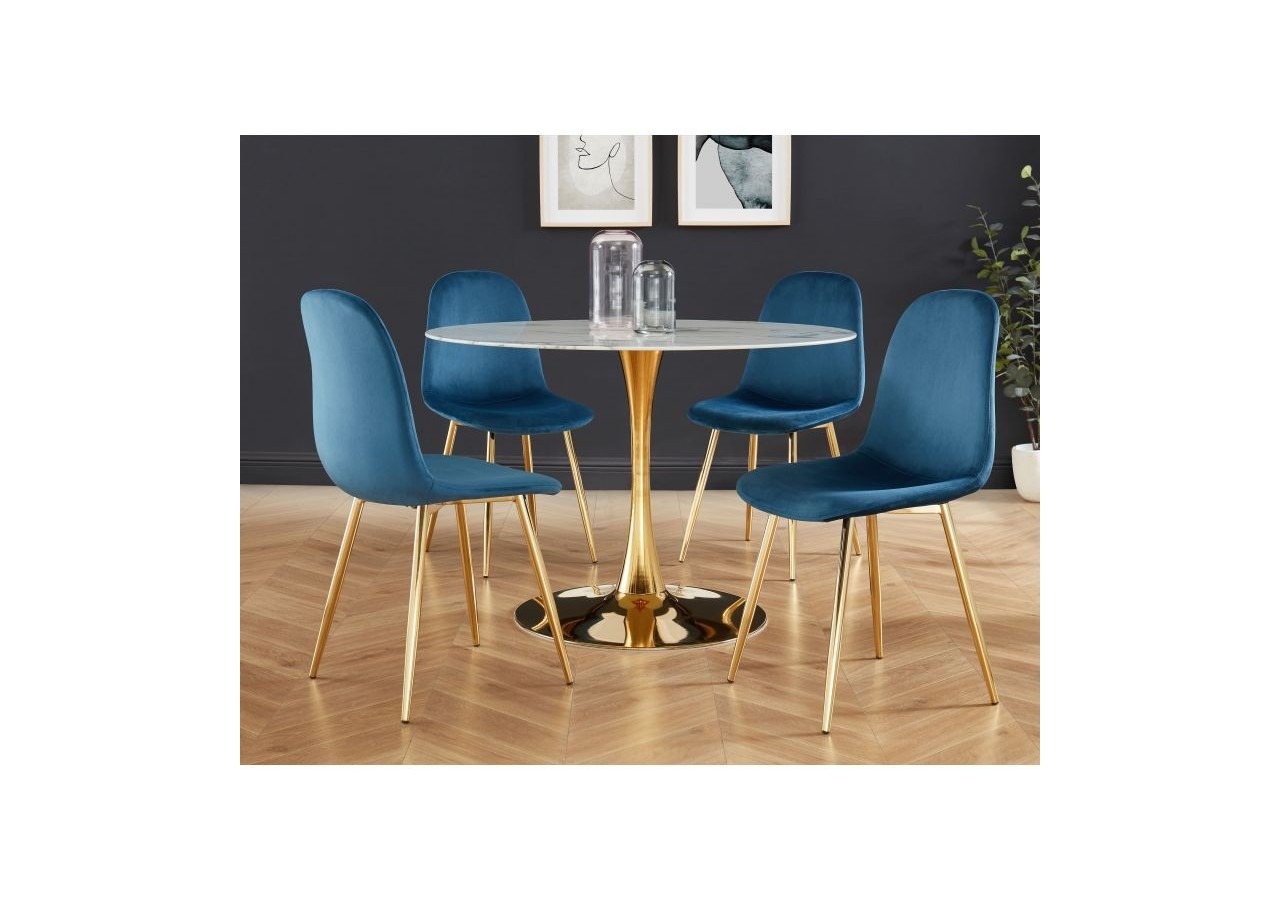 Lot de 4 chaises LENA velours bleu paon pieds métal doré