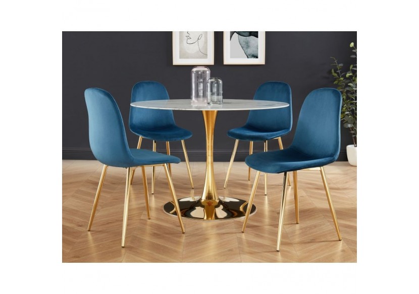 Lot de 4 chaises LENA velours bleu paon pieds métal doré