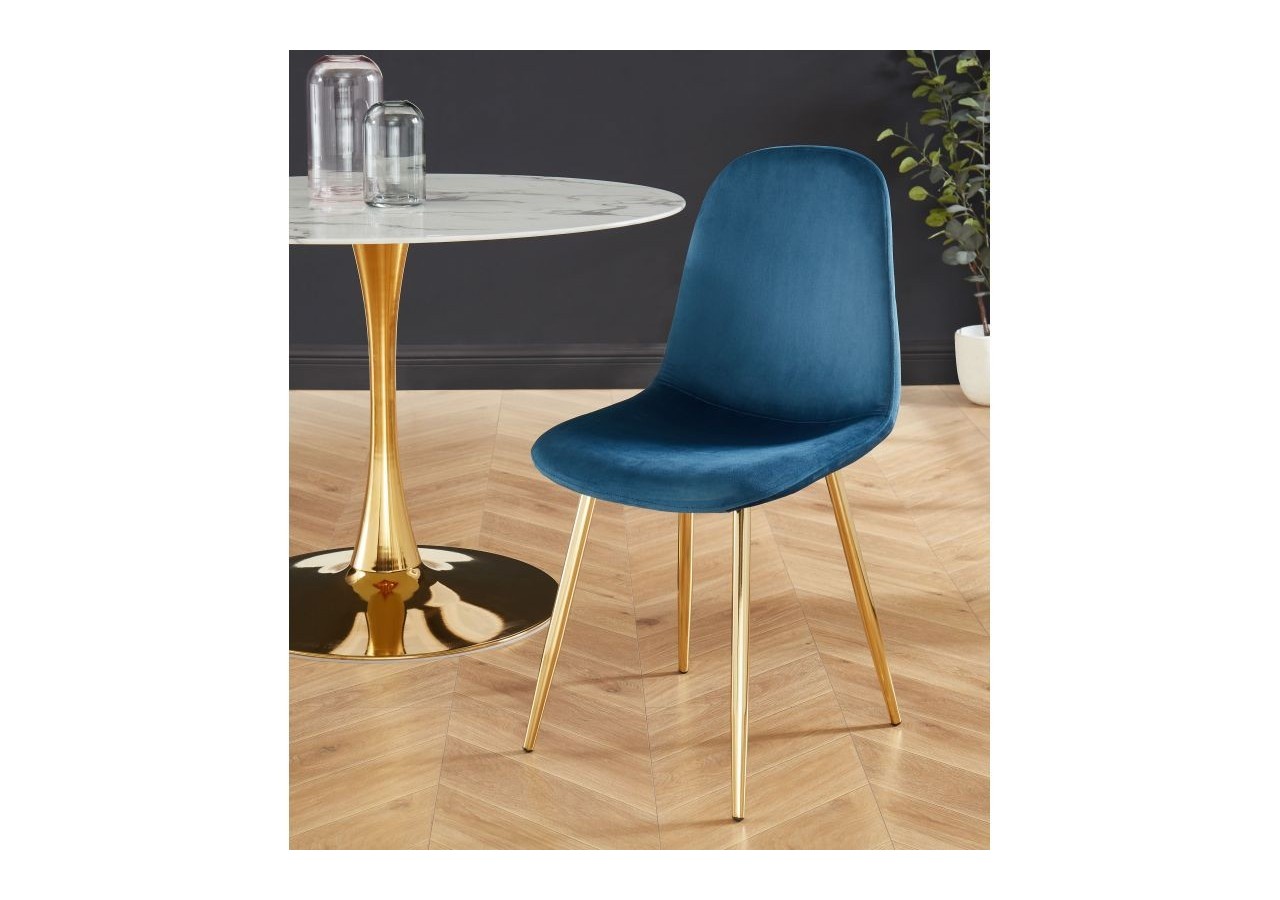 Lot de 4 chaises LENA velours bleu paon pieds métal doré