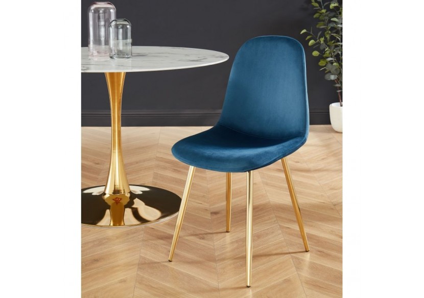 Lot de 4 chaises LENA velours bleu paon pieds métal doré