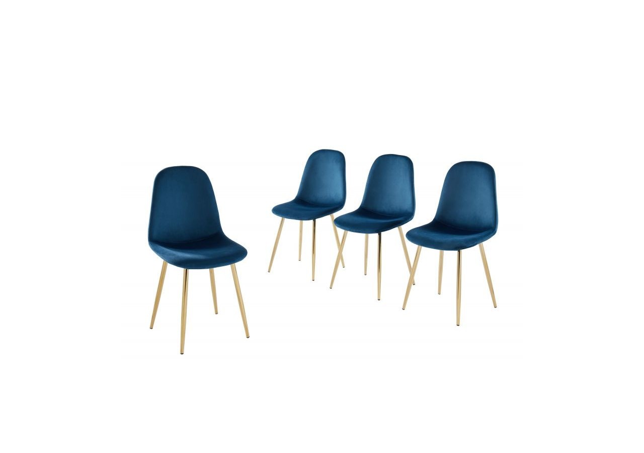 Lot de 4 chaises LENA velours bleu paon pieds métal doré