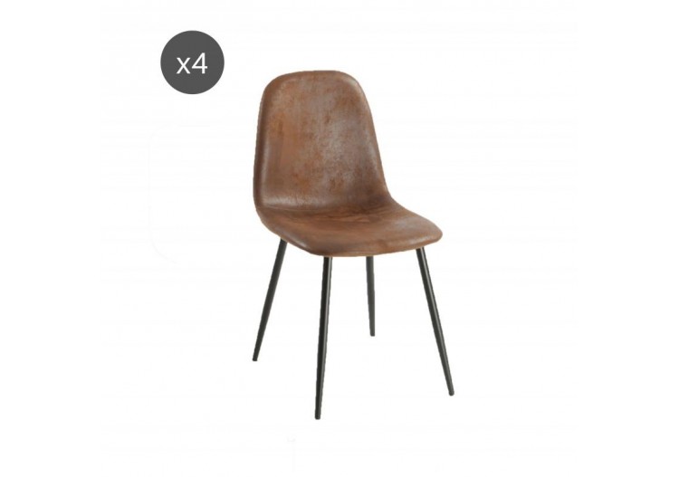 Lot de 4 chaises LENA suédine aspect cuir vieilli pieds métal noir