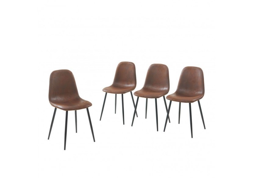 Lot de 4 chaises LENA suédine aspect cuir vieilli pieds métal noir