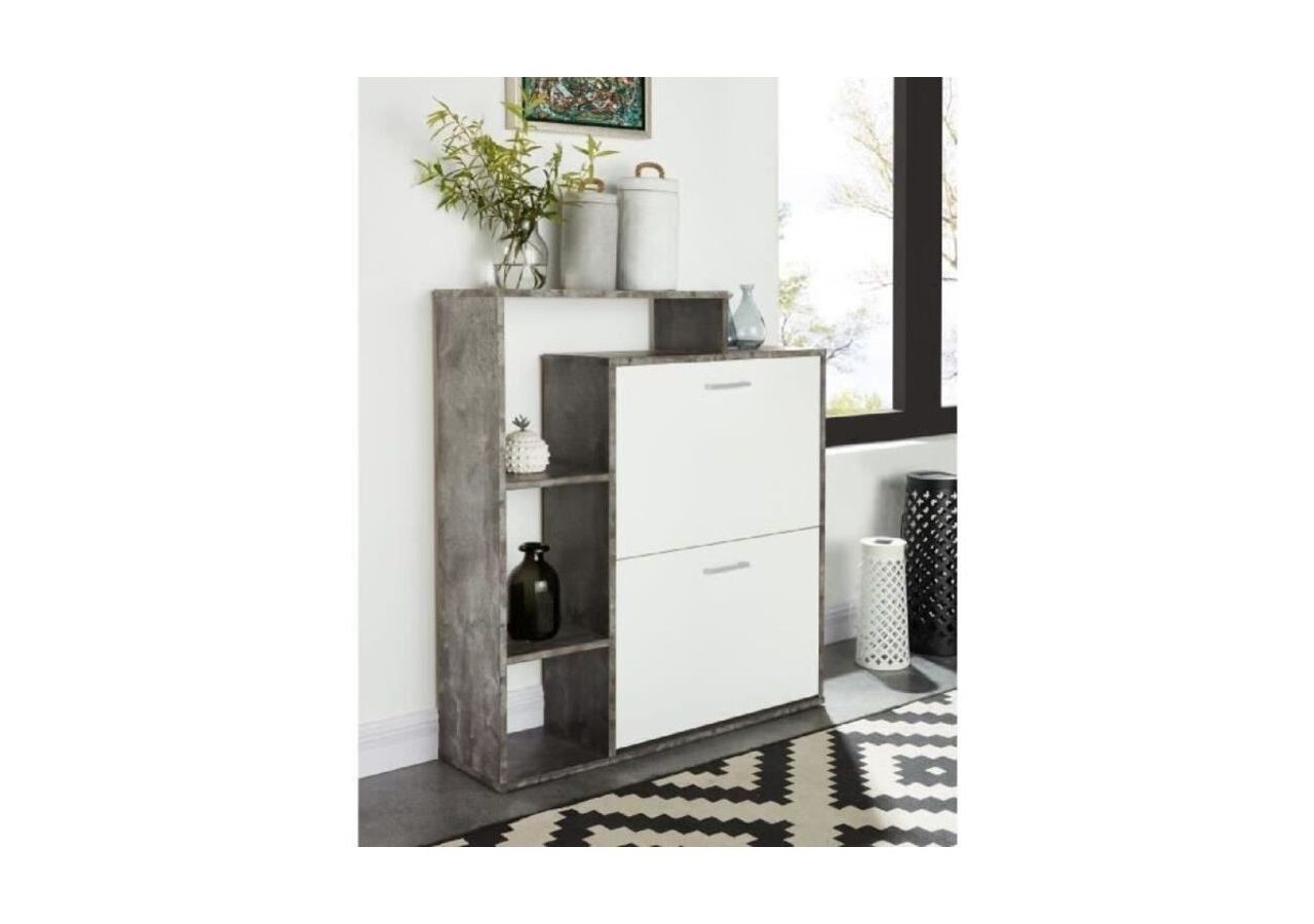 Meuble à chaussures LILY coloris blanc et effet béton 2 Portes - L86cm