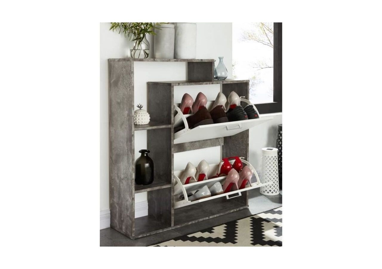 Meuble à chaussures LILY coloris blanc et effet béton 2 Portes - L86cm