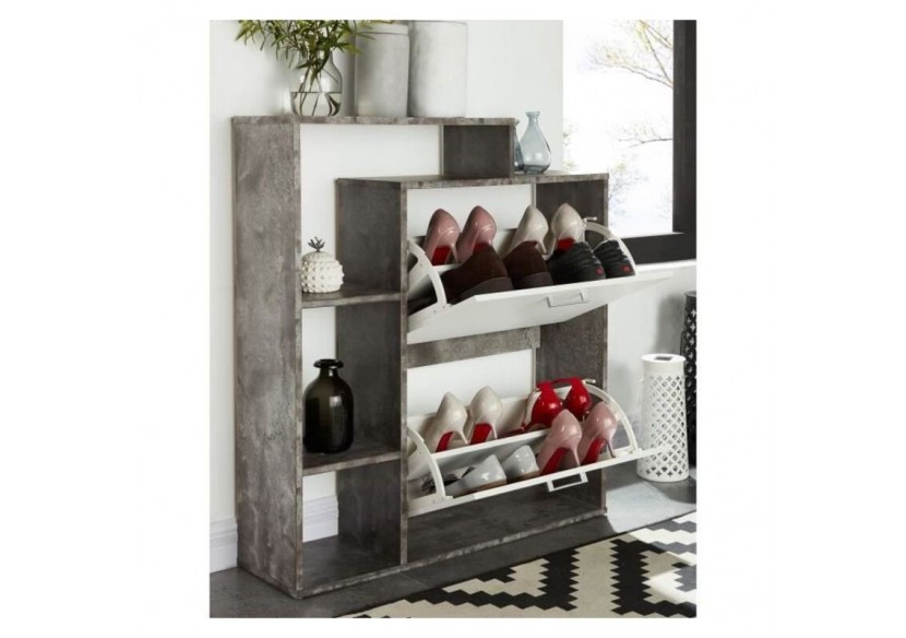 Meuble à chaussures LILY coloris blanc et effet béton 2 Portes - L86cm