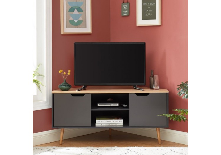 Meuble tv d'angle LYNA gris et effet chêne 2 portes 115cm 2