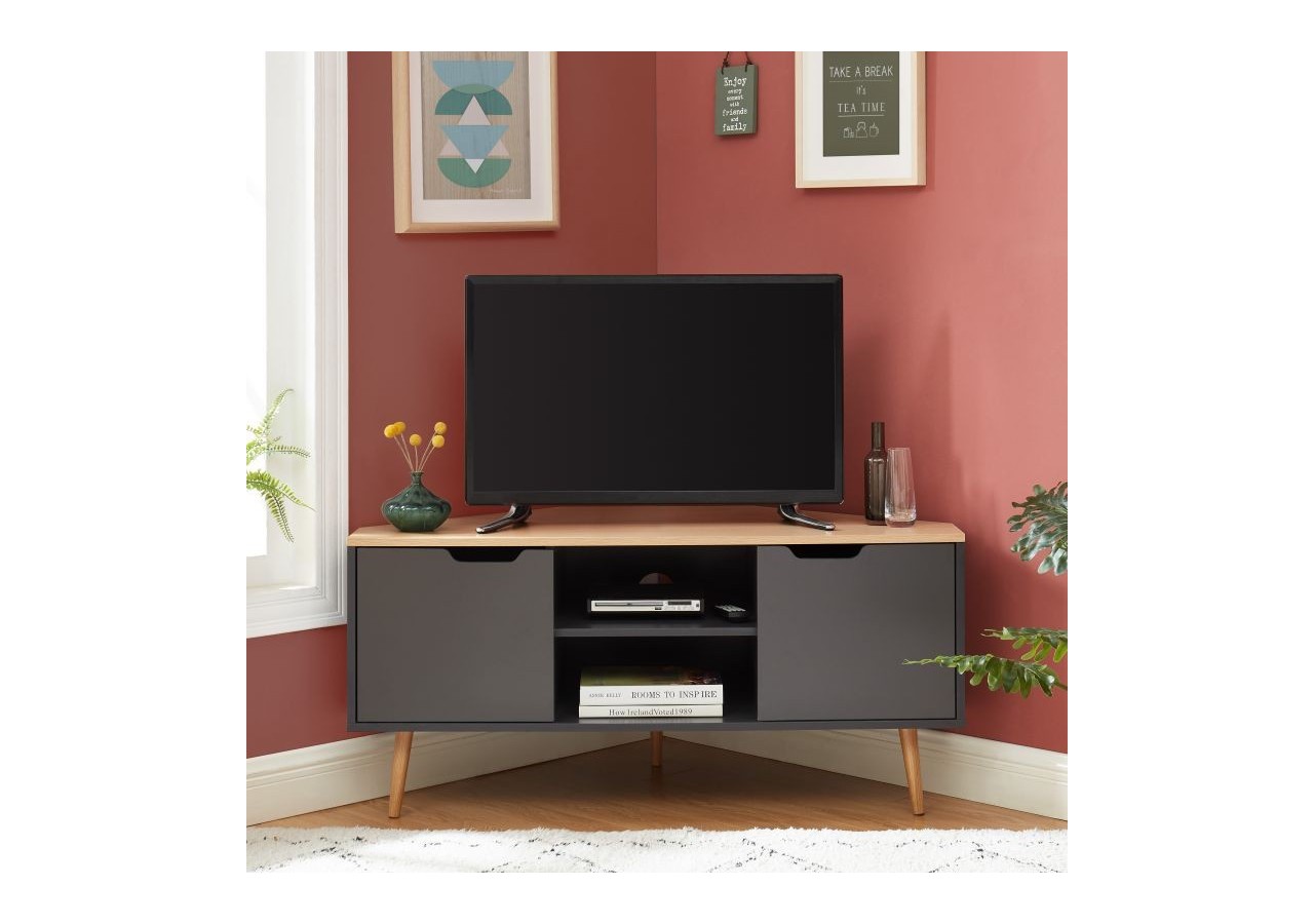 Meuble tv d'angle LYNA gris et effet chêne 2 portes 115cm