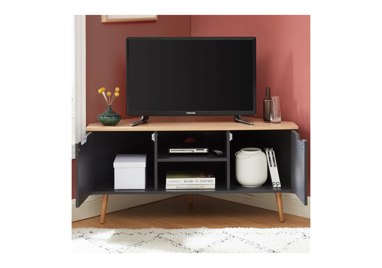 Meuble tv d'angle LYNA gris et effet chêne 2 portes 115cm