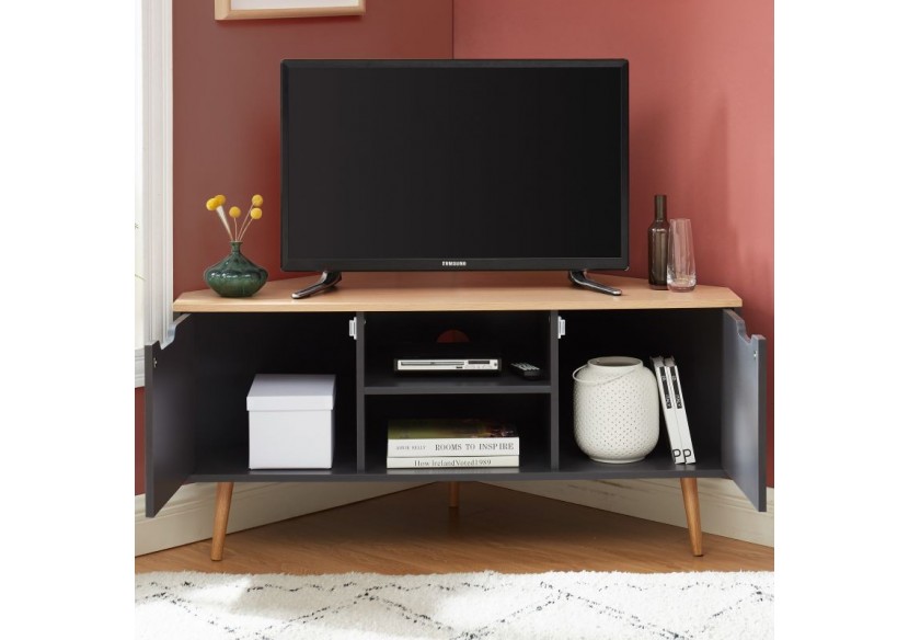 Meuble tv d'angle LYNA gris et effet chêne 2 portes 115cm