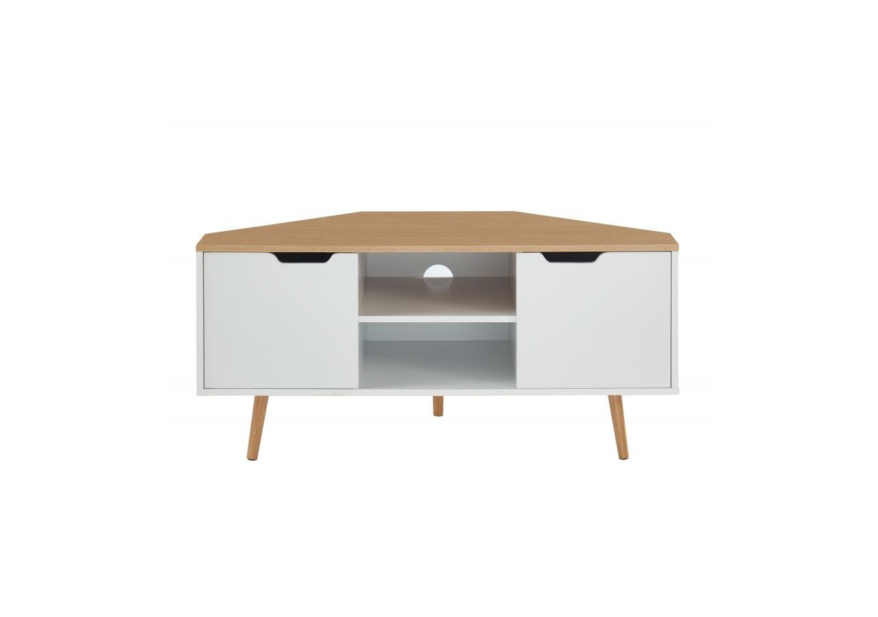 Meuble tv d'angle LYNA blanc et effet chêne 2 portes 115cm