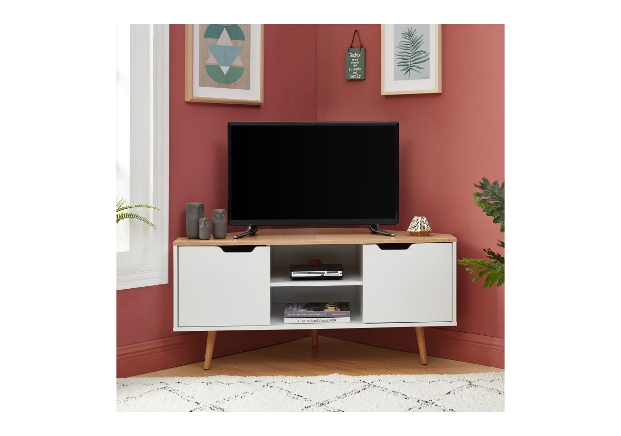Meuble tv d'angle LYNA blanc et effet chêne 2 portes 115cm