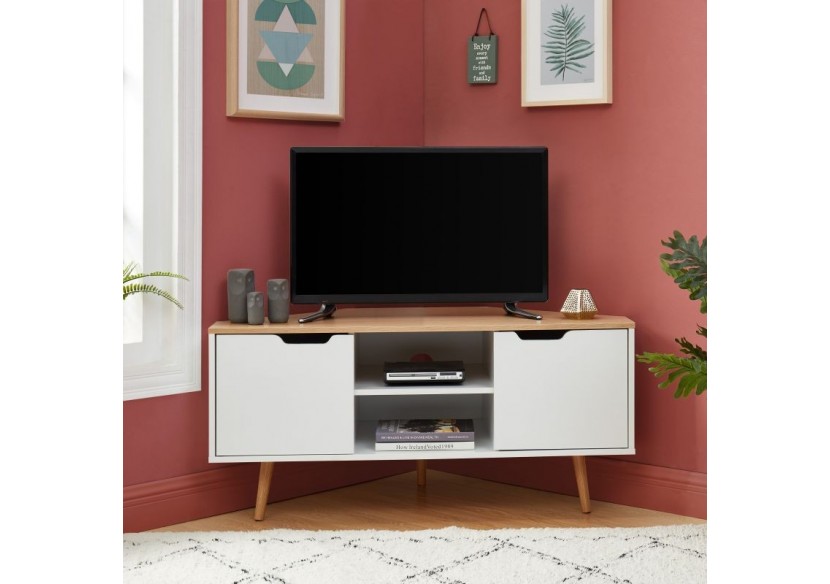 Meuble tv d'angle LYNA blanc et effet chêne 2 portes 115cm
