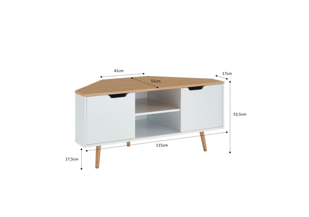 Meuble tv d'angle LYNA blanc et effet chêne 2 portes 115cm