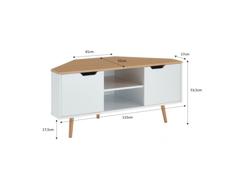 Meuble tv d'angle LYNA blanc et effet chêne 2 portes 115cm