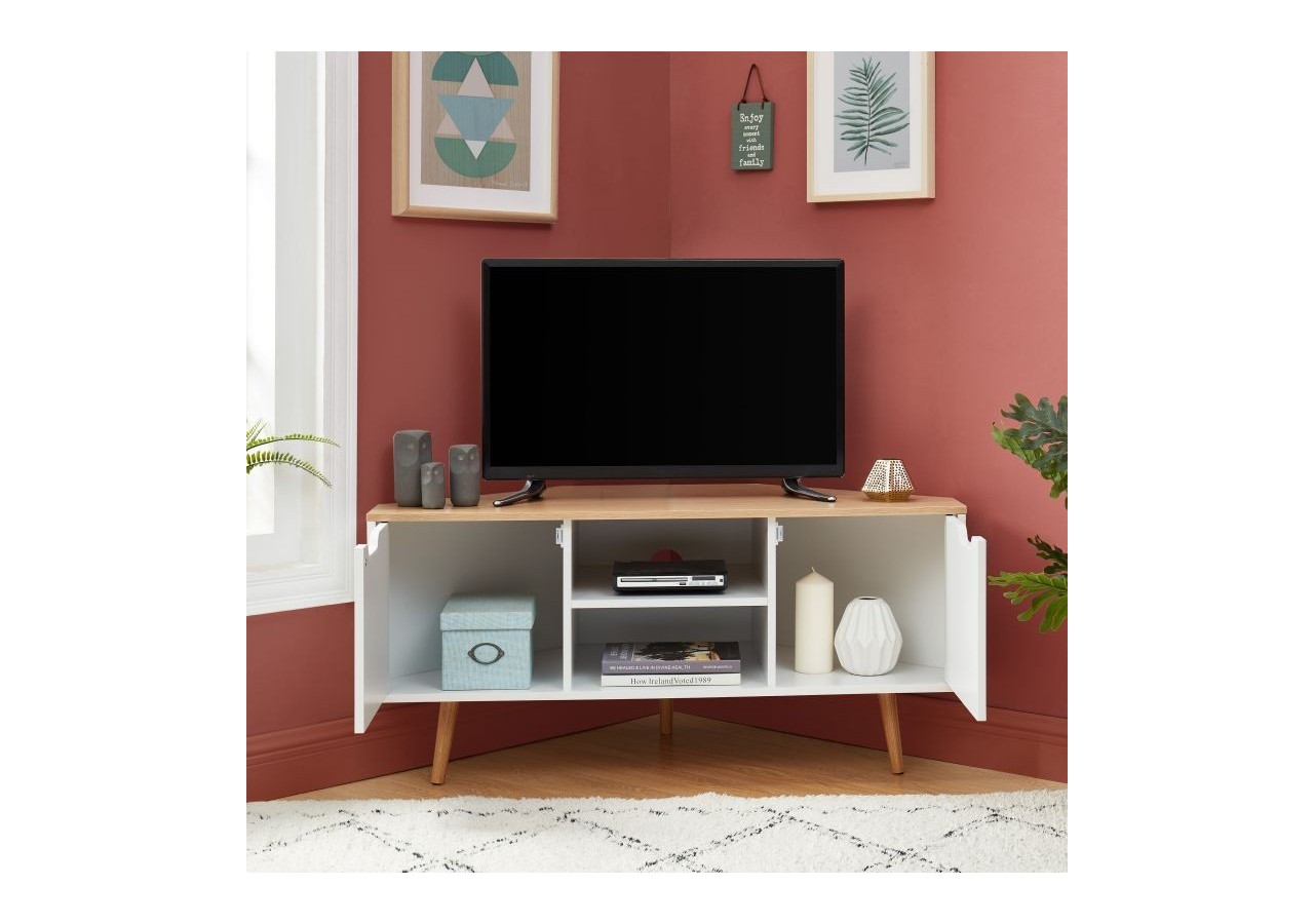 Meuble tv d'angle LYNA blanc et effet chêne 2 portes 115cm