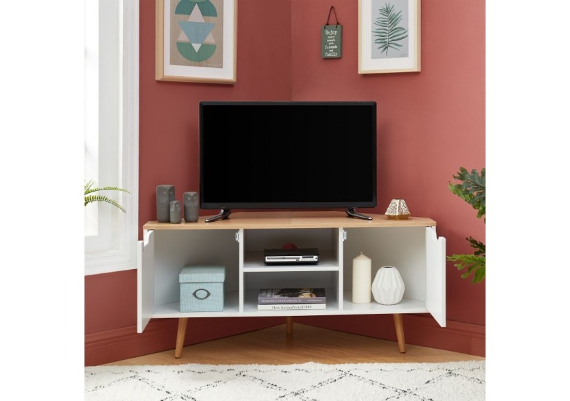 Meuble tv d'angle LYNA blanc et effet chêne 2 portes 115cm