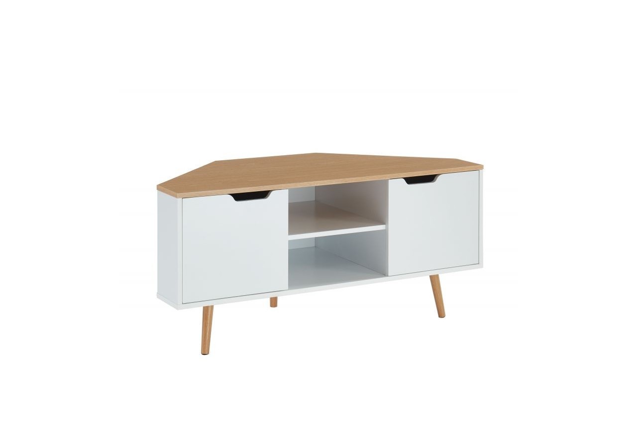 Meuble tv d'angle LYNA blanc et effet chêne 2 portes 115cm