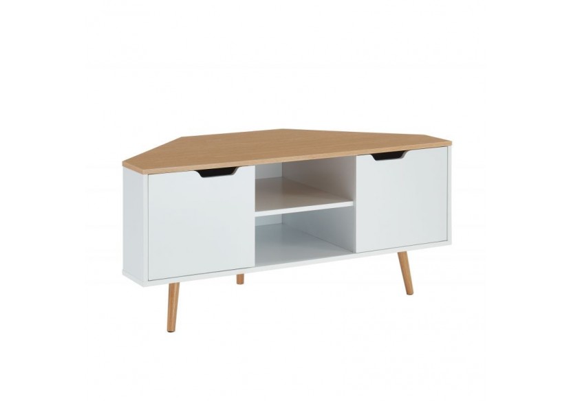 Meuble tv d'angle LYNA blanc et effet chêne 2 portes 115cm