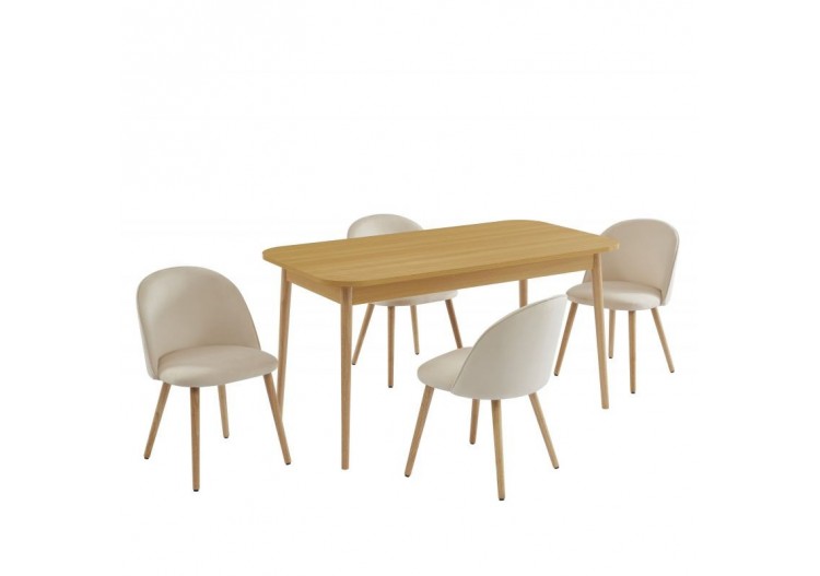 Ensemble repas MACARON effet chêne et velours beige 4 chaises