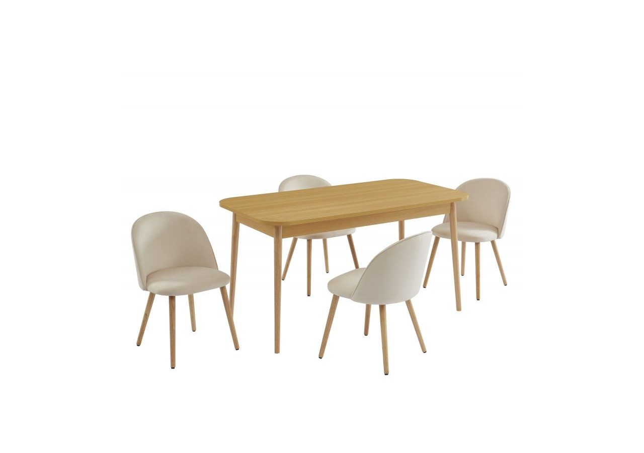 Ensemble repas MACARON effet chêne et velours beige 4 chaises