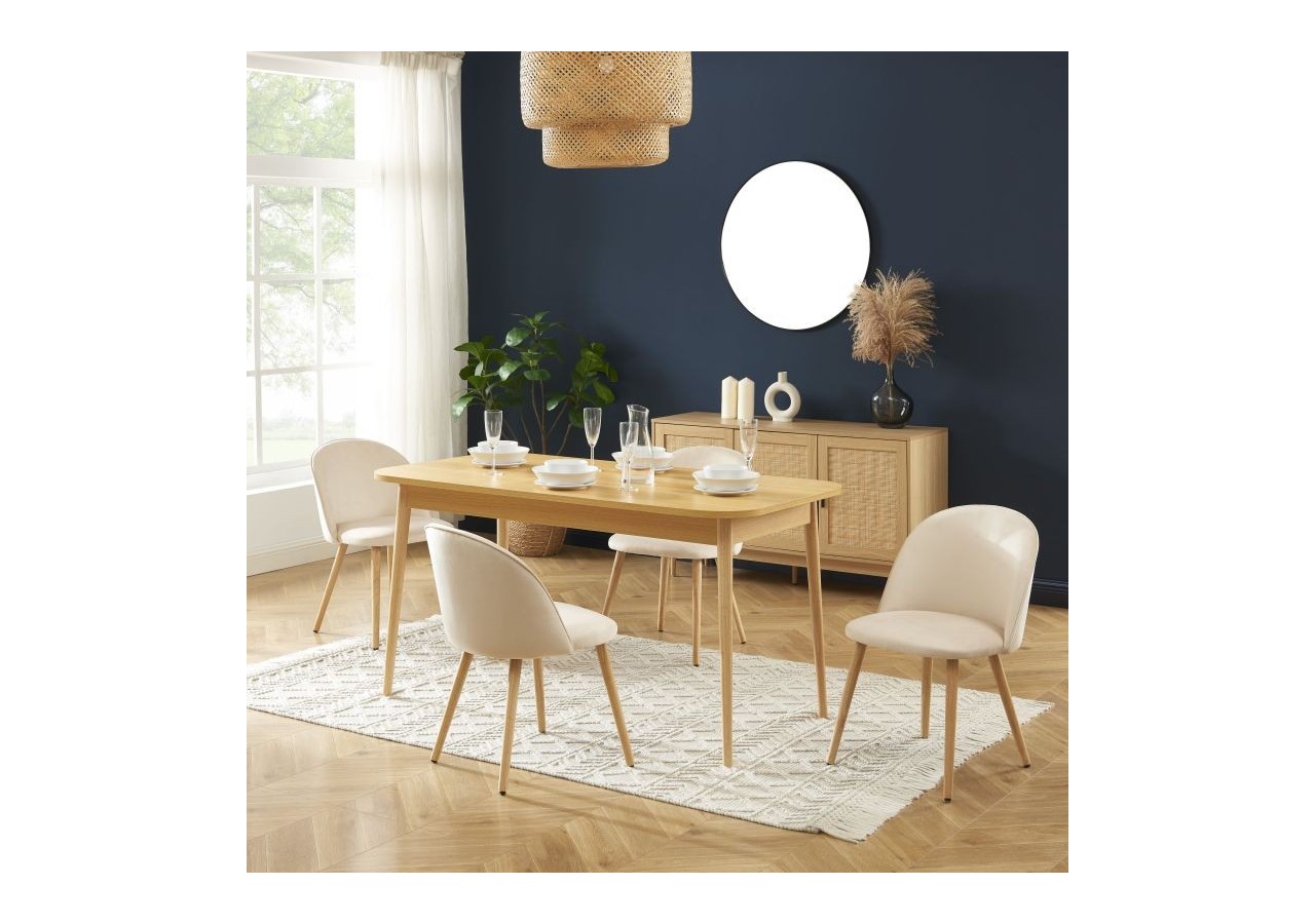 Ensemble repas MACARON effet chêne et velours beige 4 chaises