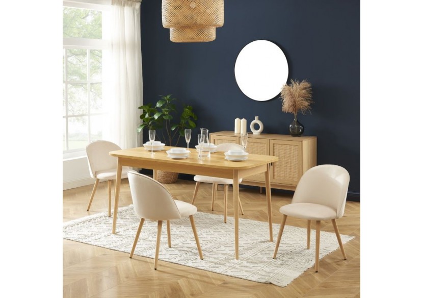 Ensemble repas MACARON effet chêne et velours beige 4 chaises
