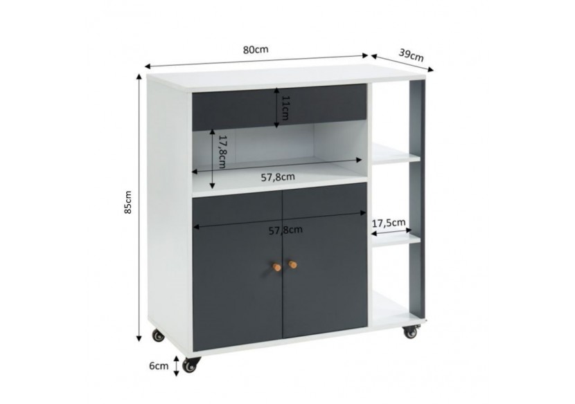 Desserte de cuisine MAX blanc et gris anthracite 80cm à roulettes