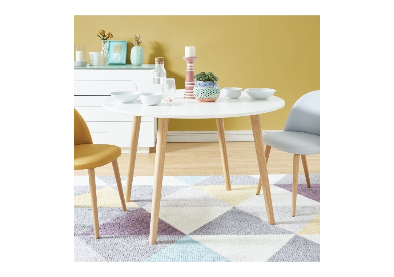 Table à manger ORATELLO laqué blanc mat pieds en bois massif 120cm