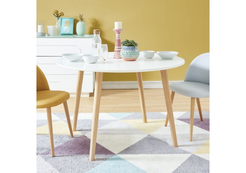 Table à manger ORATELLO laqué blanc mat pieds en bois massif 120cm