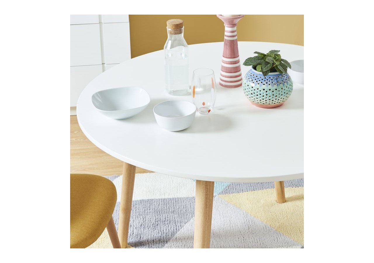 Table à manger ORATELLO laqué blanc mat pieds en bois massif 120cm
