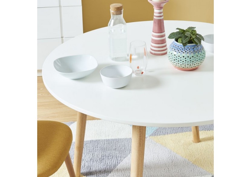 Table à manger ORATELLO laqué blanc mat pieds en bois massif 120cm