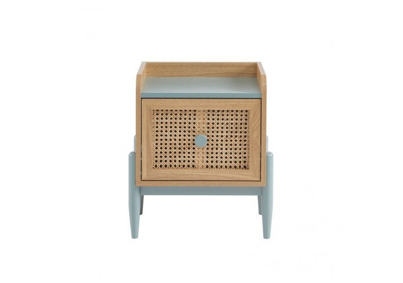Table de chevet PABLO bleu et cannage rotin 1 tiroir