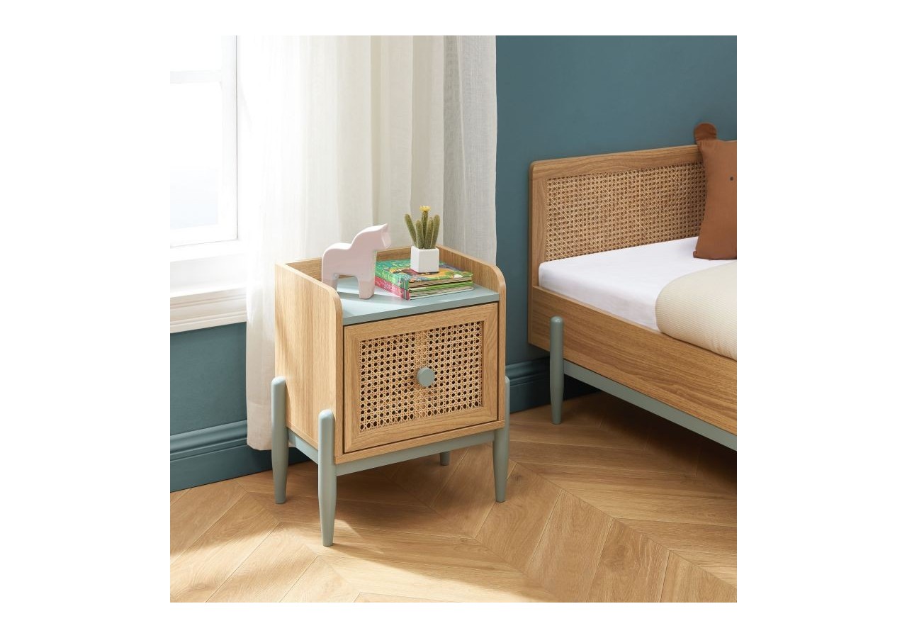 Table de chevet PABLO bleu et cannage rotin 1 tiroir