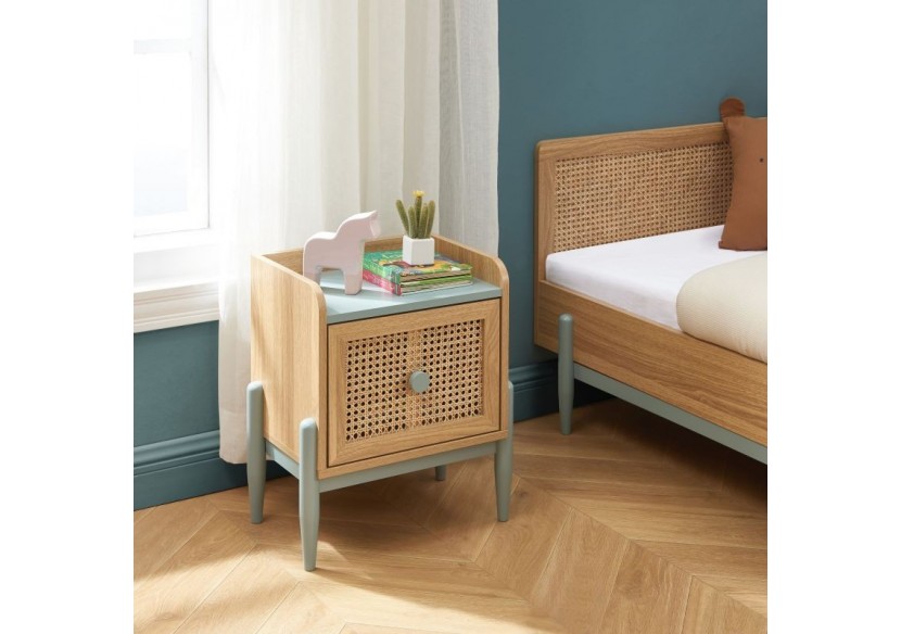 Table de chevet PABLO bleu et cannage rotin 1 tiroir