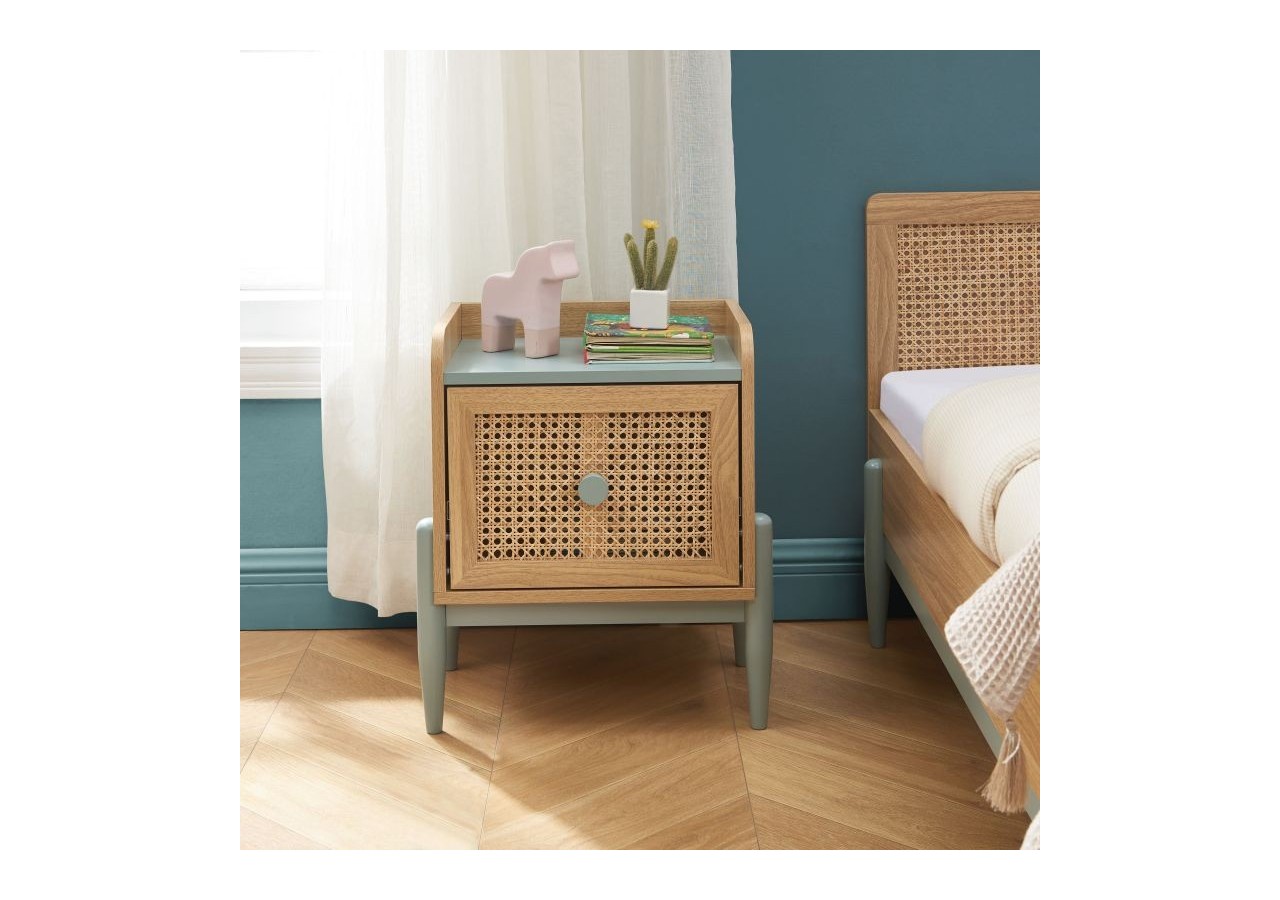 Table de chevet PABLO bleu et cannage rotin 1 tiroir
