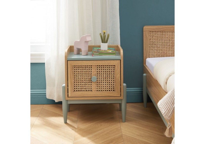 Table de chevet PABLO bleu et cannage rotin 1 tiroir